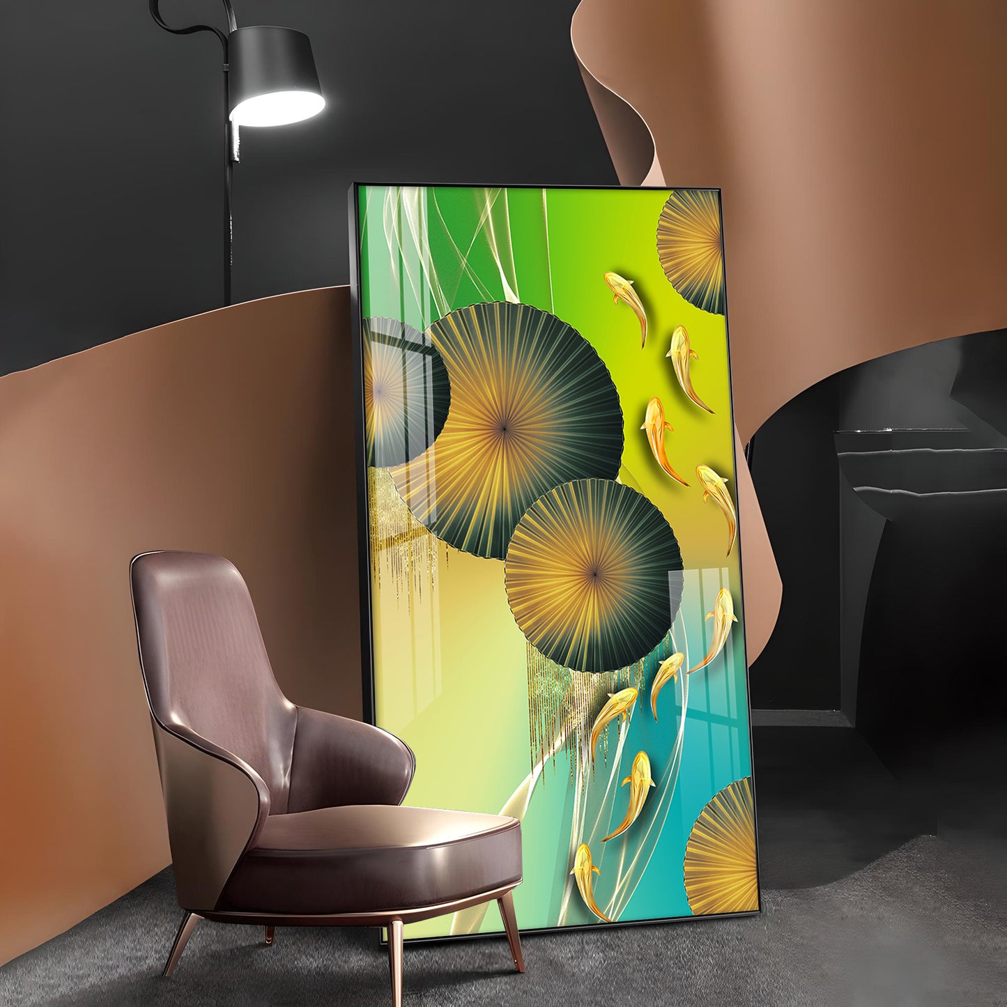 Emerald Oasis Koi Glass Finish Vertical Wall Art