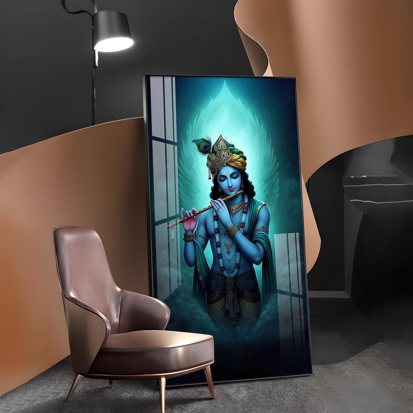 Spiritual Krishna In Vibrant Color Glass Finish Vertical Wall Art