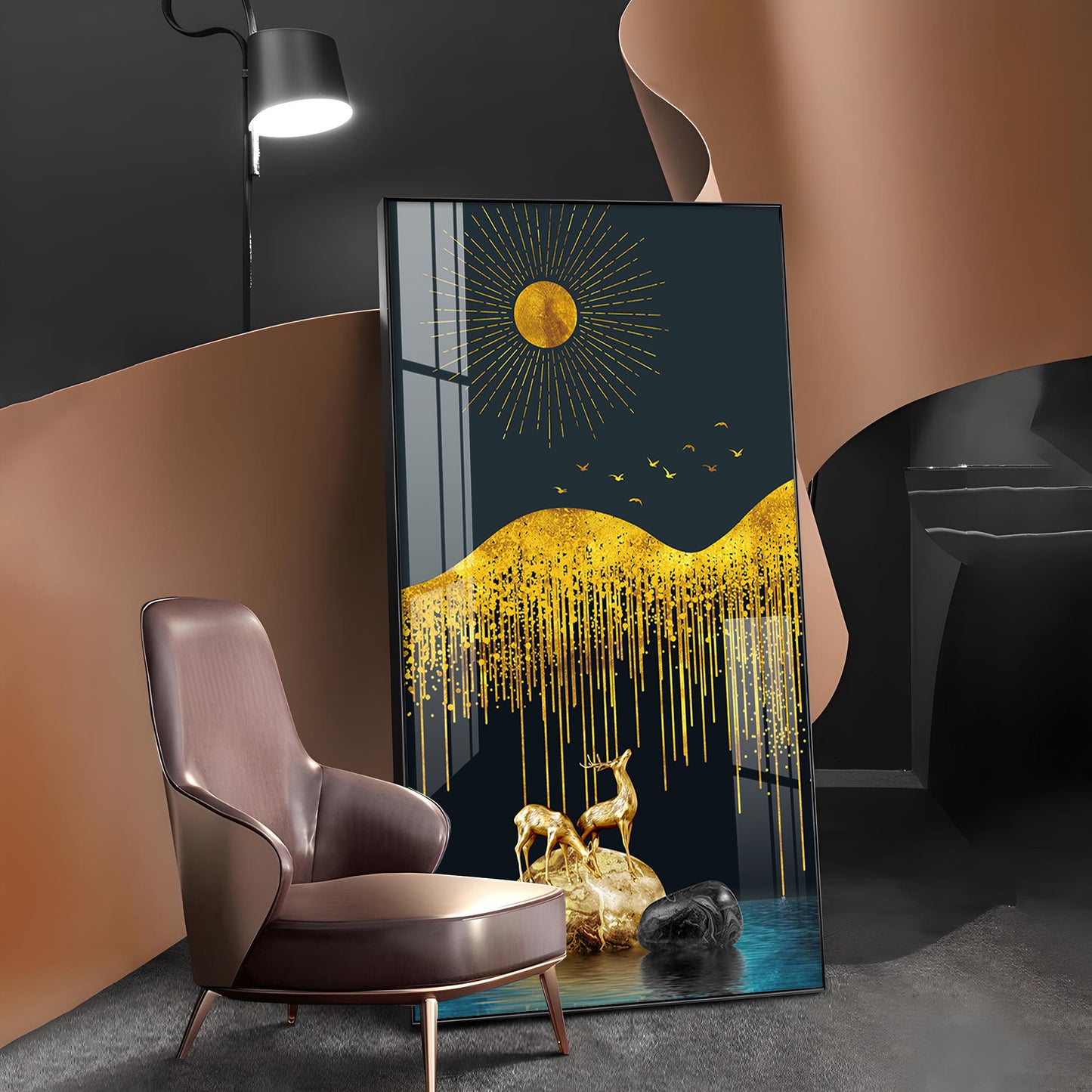 Golden Deer Essence Glass Finish Vertical Wall Art