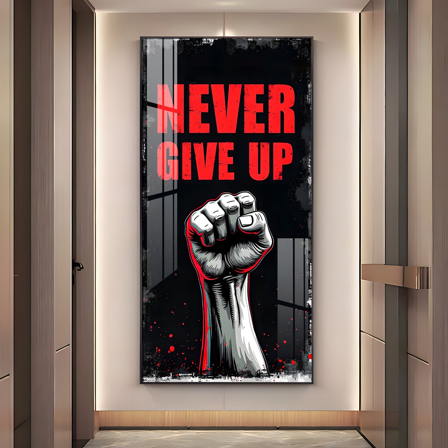Never Give Up Glass Finish Vertical Wall Art