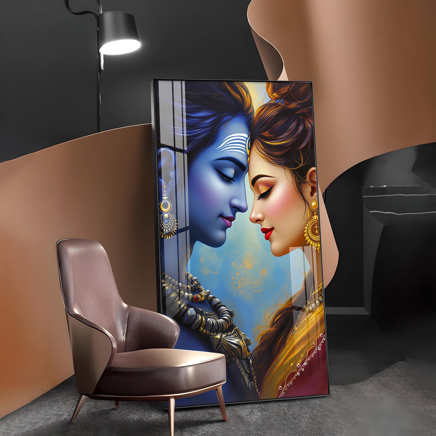 Lord Shiva and Goddess Parvati Glass Finish Vertical Wall Art