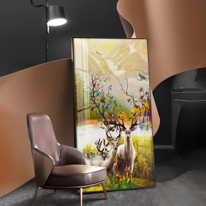 Portrait of Deer and Blossoms Glass Finish Vertical Wall Art