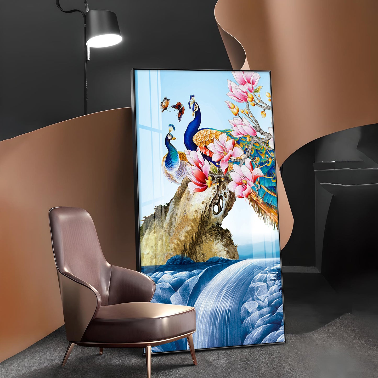 Peacock Amidst Floral Waters Glass Finish Vertical Wall Art