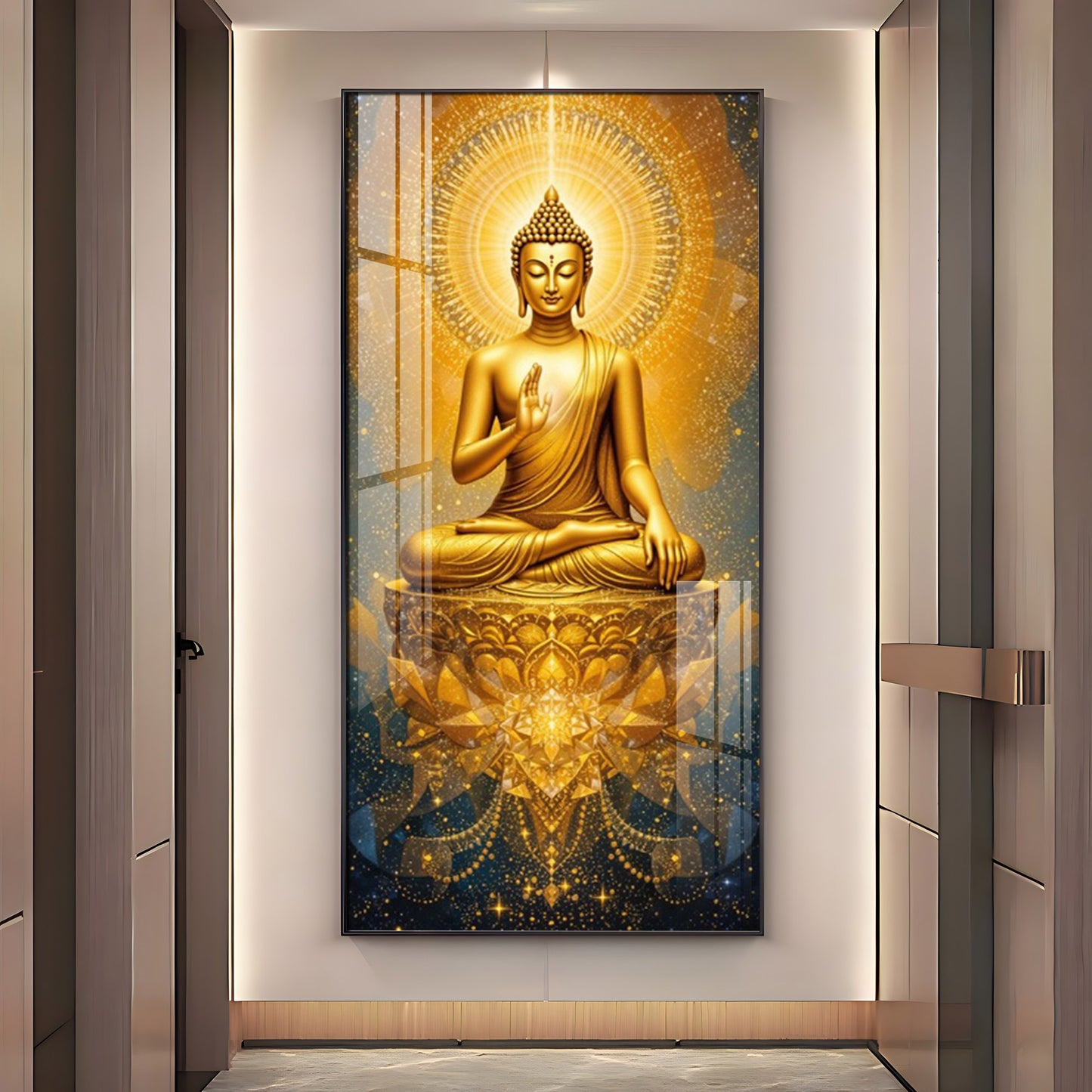 Golden Budha's Aura Glass Finish Vertical Wall Art
