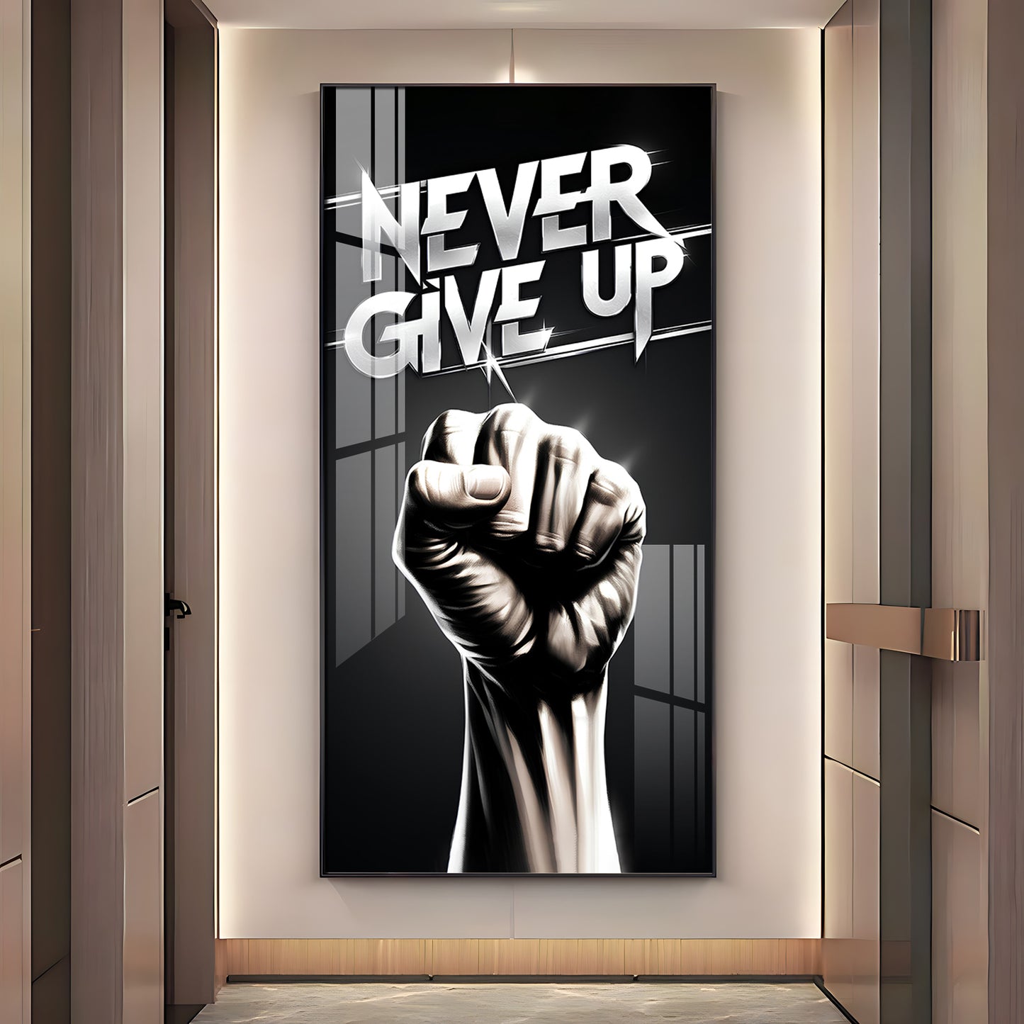 Never Give Up Motivational Quote Glass Finish Vertical Wall Art