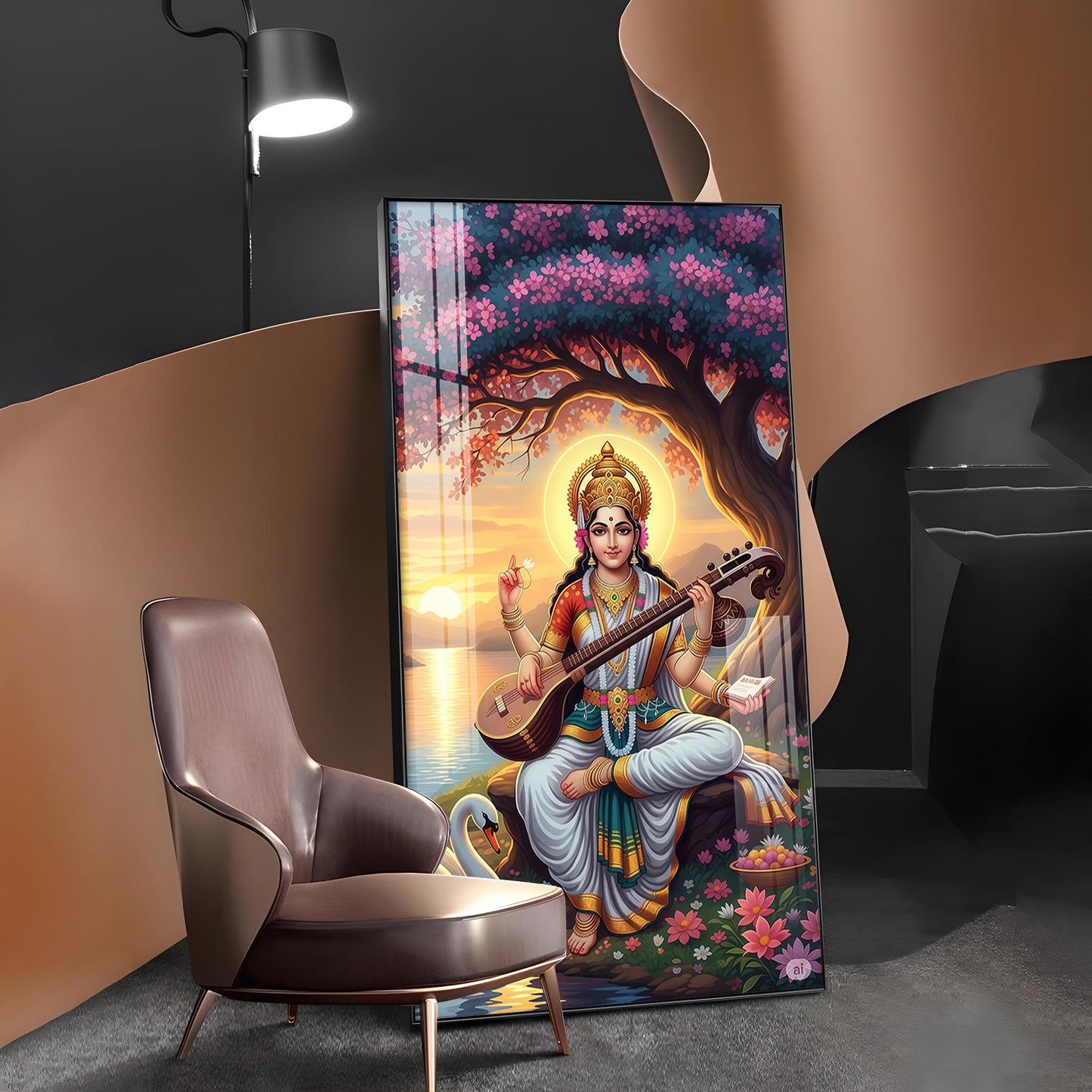 Goddess Saraswati Glass Finish Vertical Wall Art