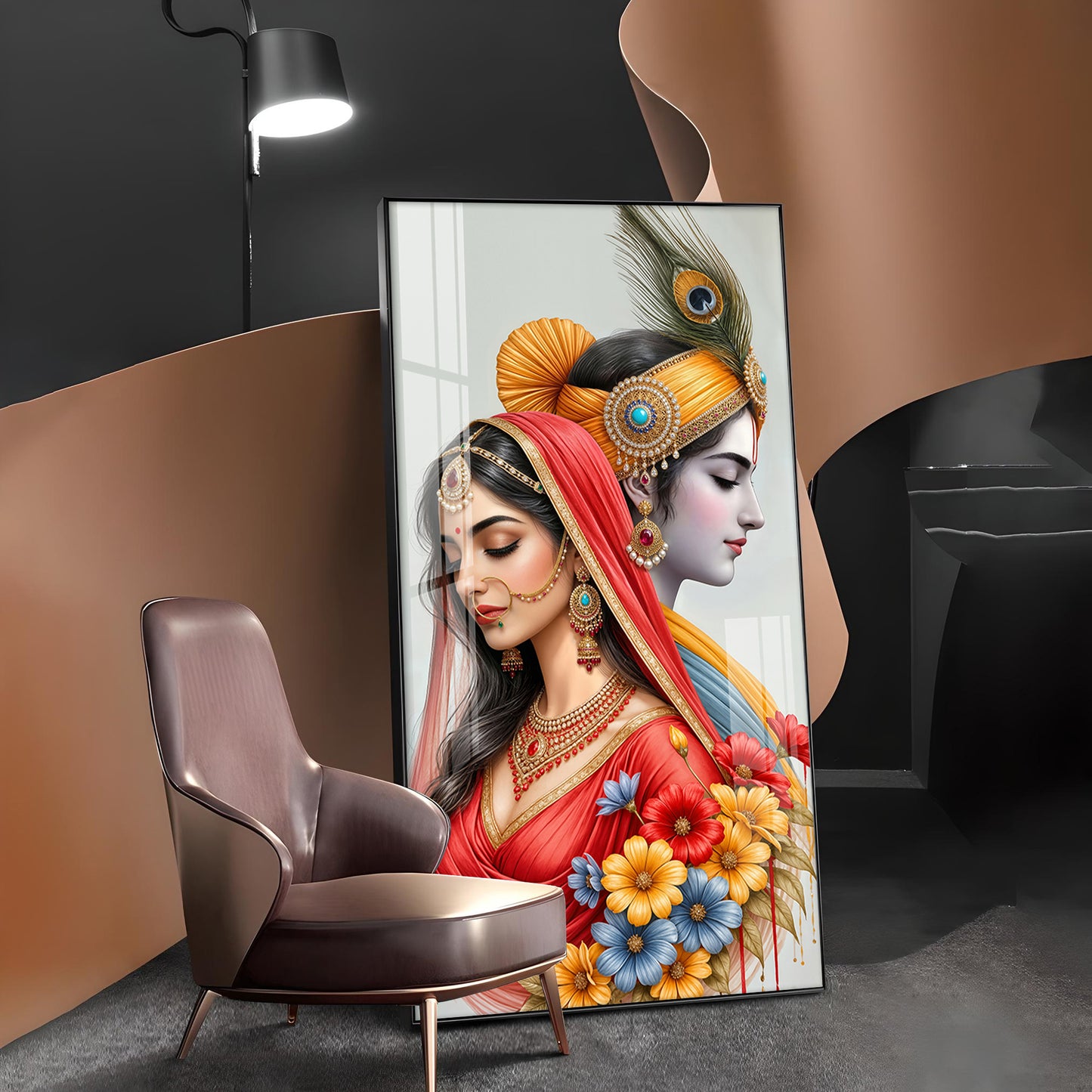Loving Radha Krishna Glass Finish Vertical Wall Art