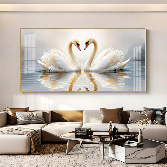 Two White Swan Glass Finish Horizontal Wall Art