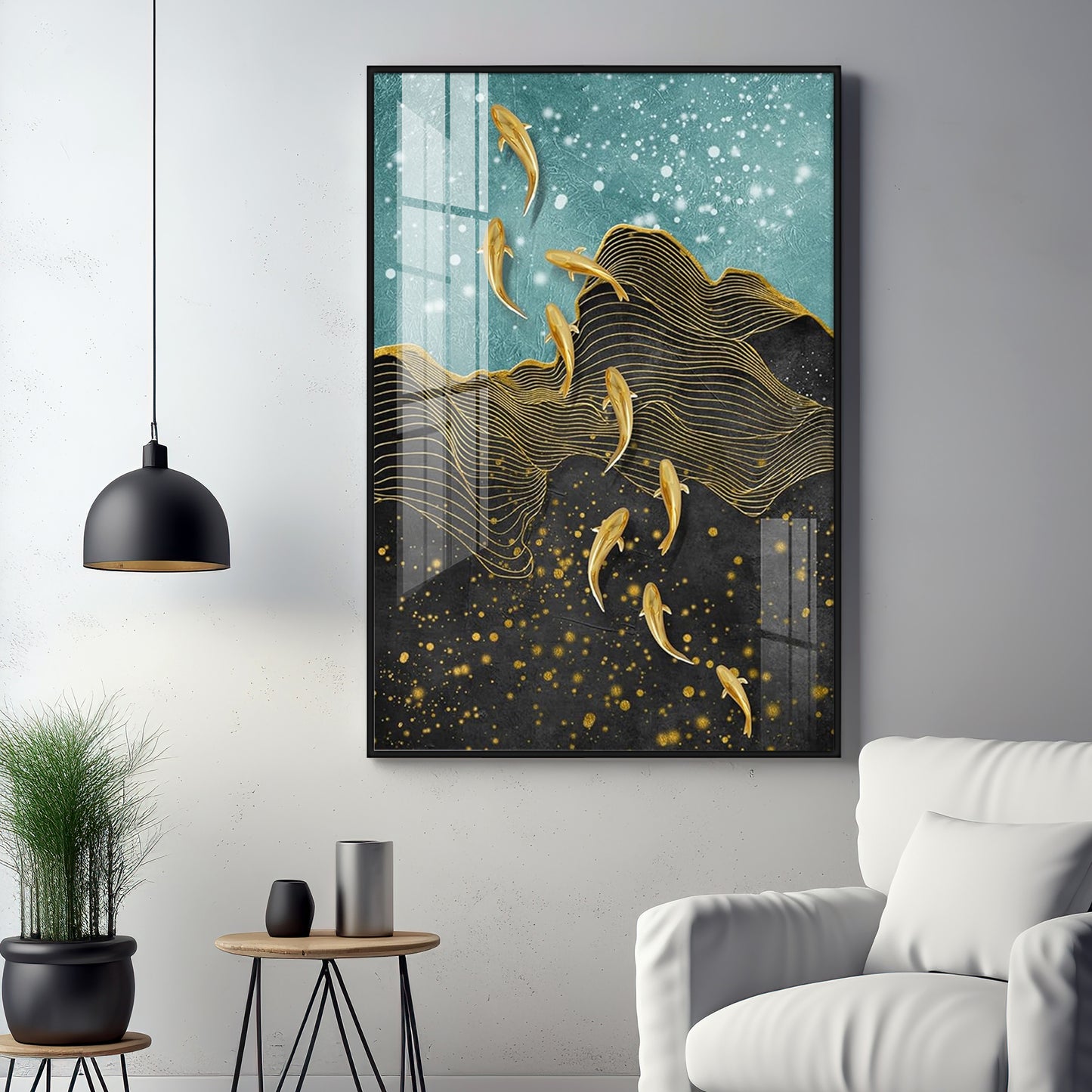 Black Gold Aquatic Fish Glass Finish Vertical Wall Art