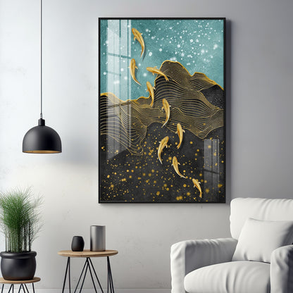 Black Gold Aquatic Fish Glass Finish Vertical Wall Art