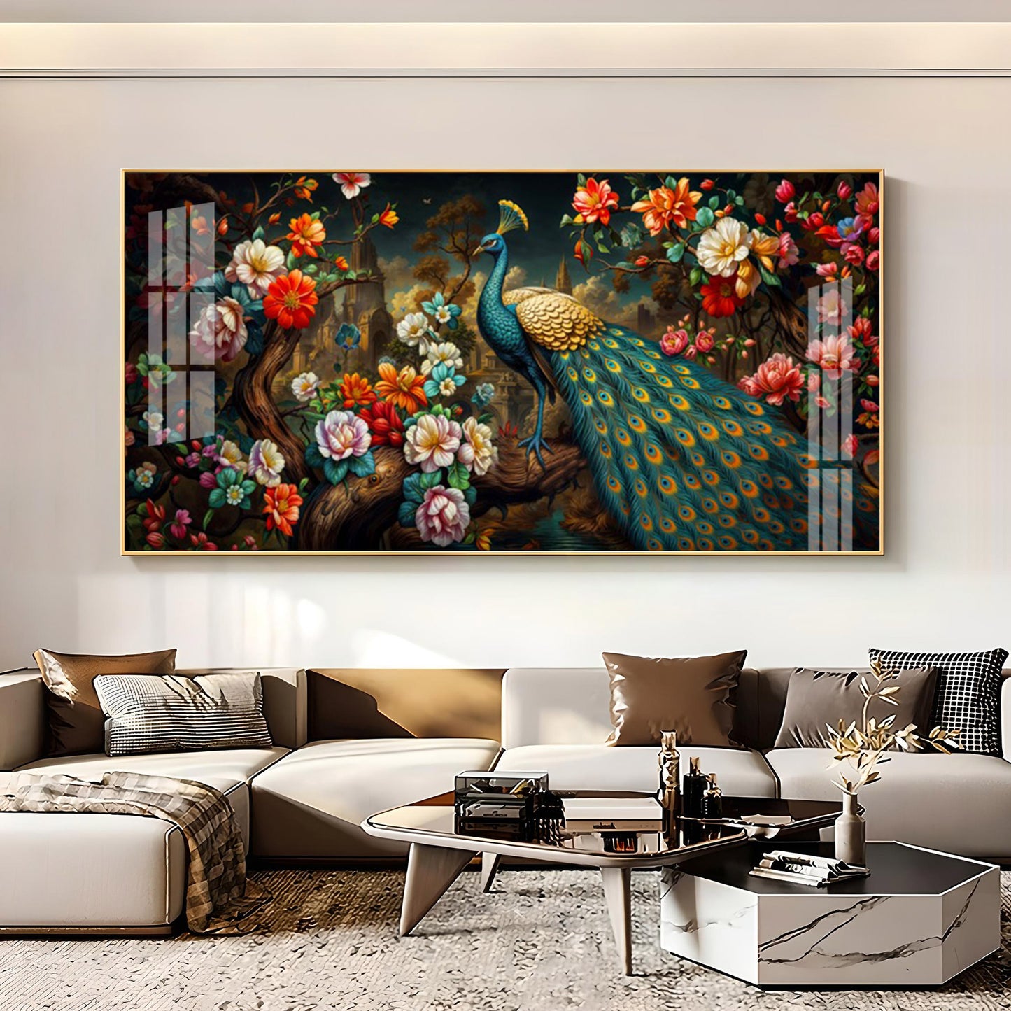 Peacock In Colorful Blossom Glass Finish Horizontal Wall Art