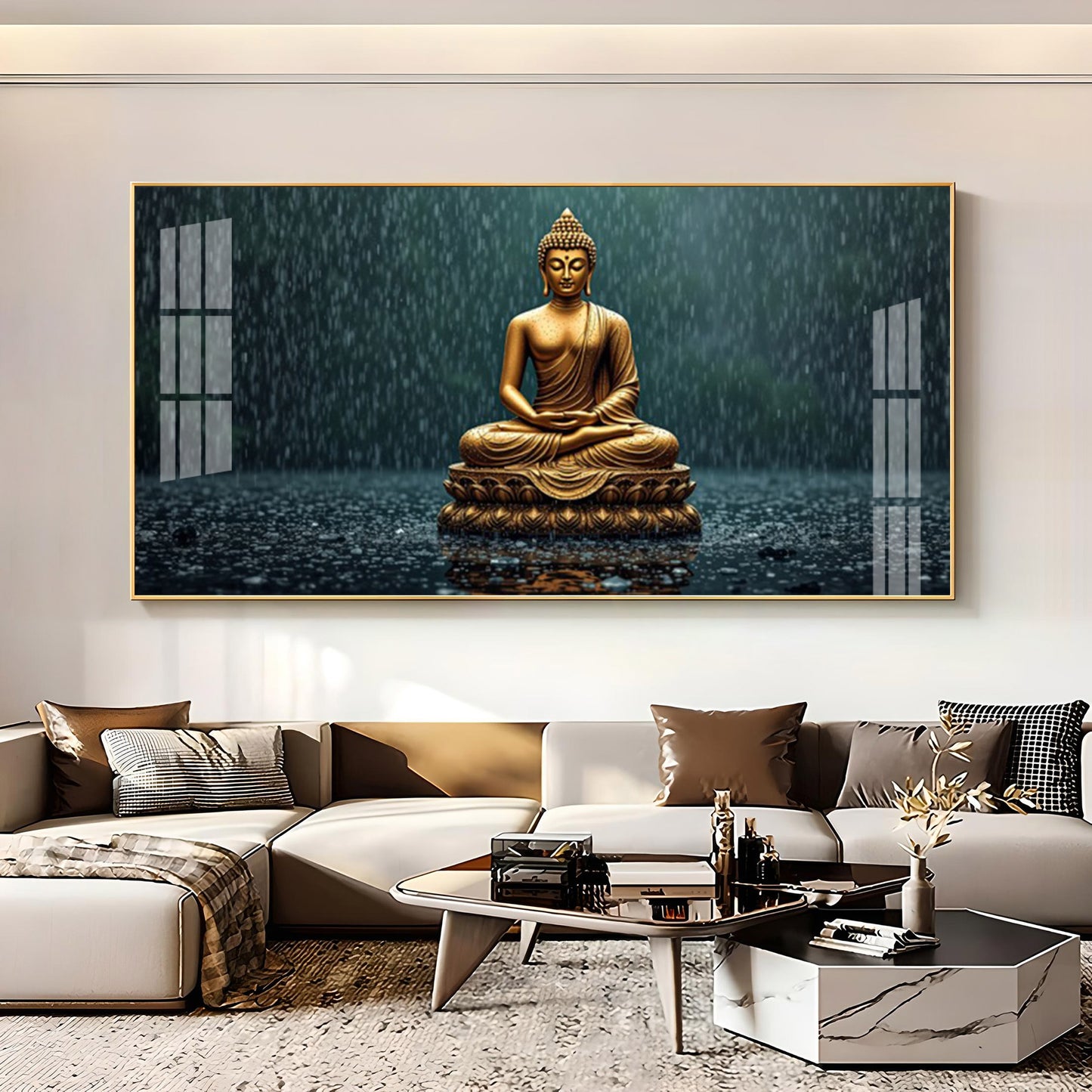 Golden Calm Budha Glass Finish Horizontal Wall Art