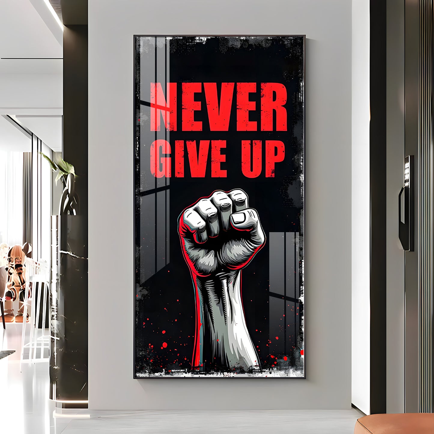 Never Give Up Glass Finish Vertical Wall Art