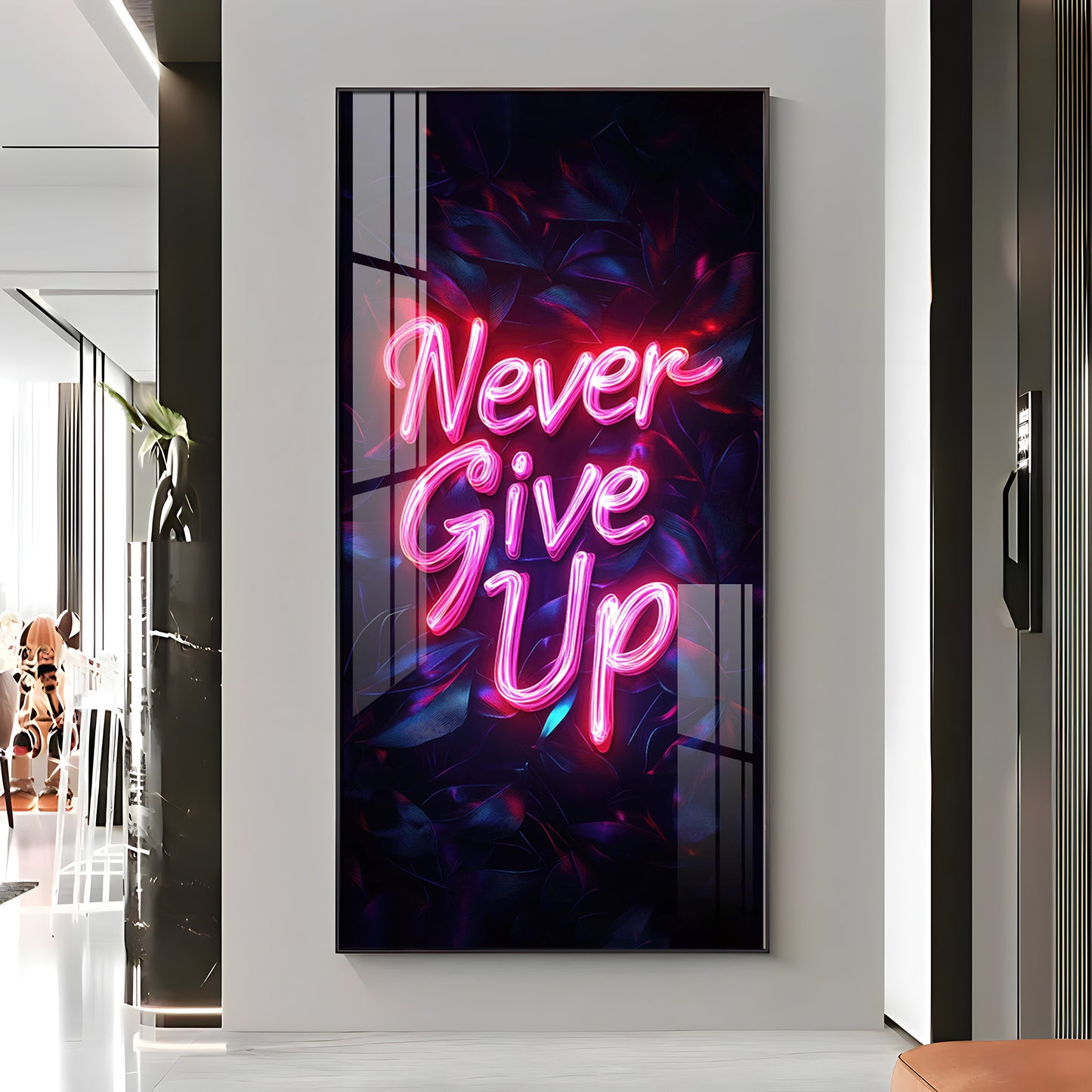 Never Give Up motivational Glass Finish Vertical Wall Art