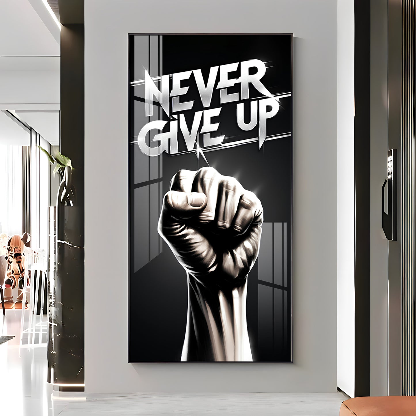 Never Give Up Motivational Quote Glass Finish Vertical Wall Art