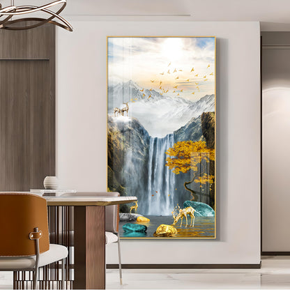 Alpine Gold Reindeer Waterfall Glass Finish Vertical Wall Art