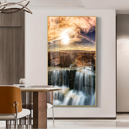 Dusk Over the Falls Glass Finish Vertical Wall Art