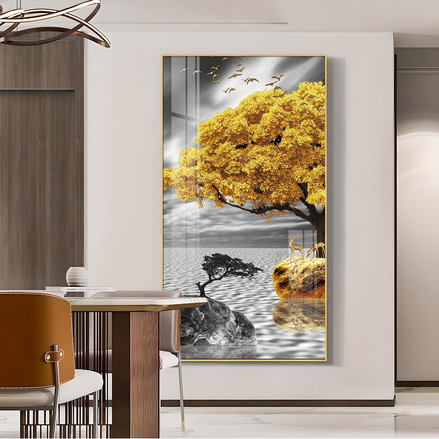 Golden Tree Oasis Glass Finish Vertical Wall Art