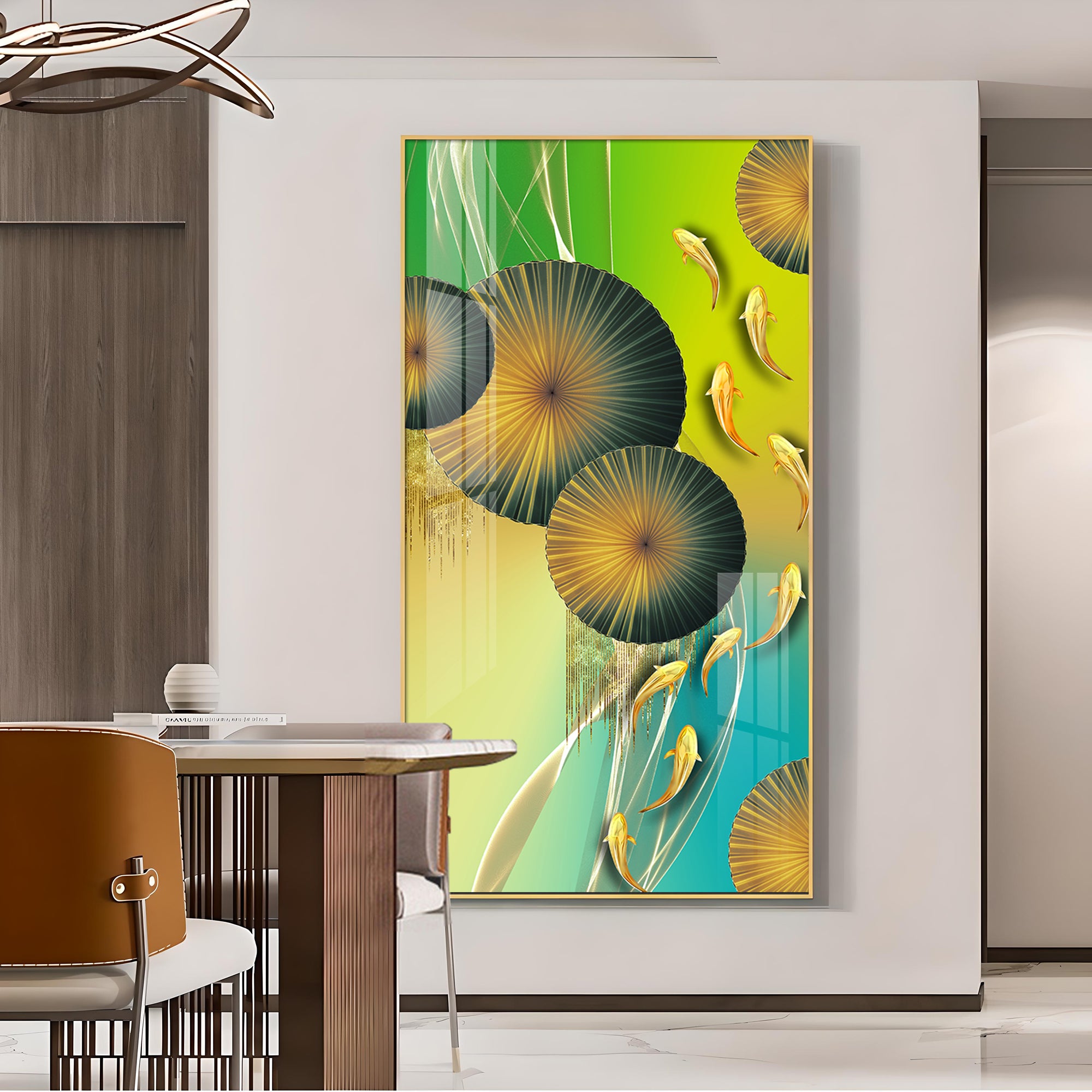 Emerald Oasis Koi Glass Finish Vertical Wall Art