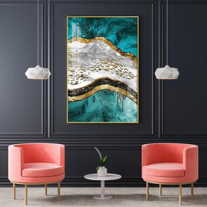 Aqua Gold Cascade Glass Finish Vertical Wall Art