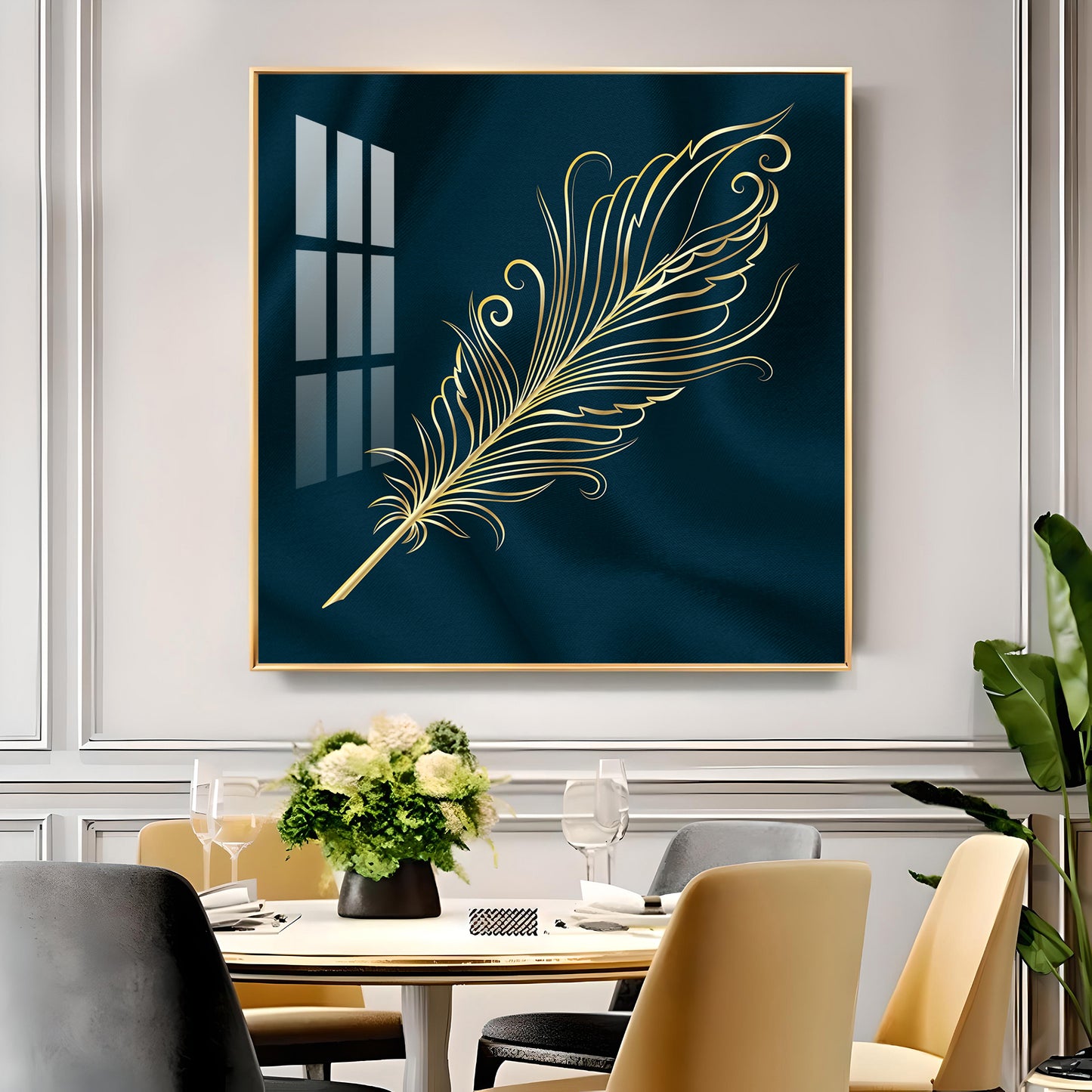 Feather on Azure Glass Finish Square Wall Art