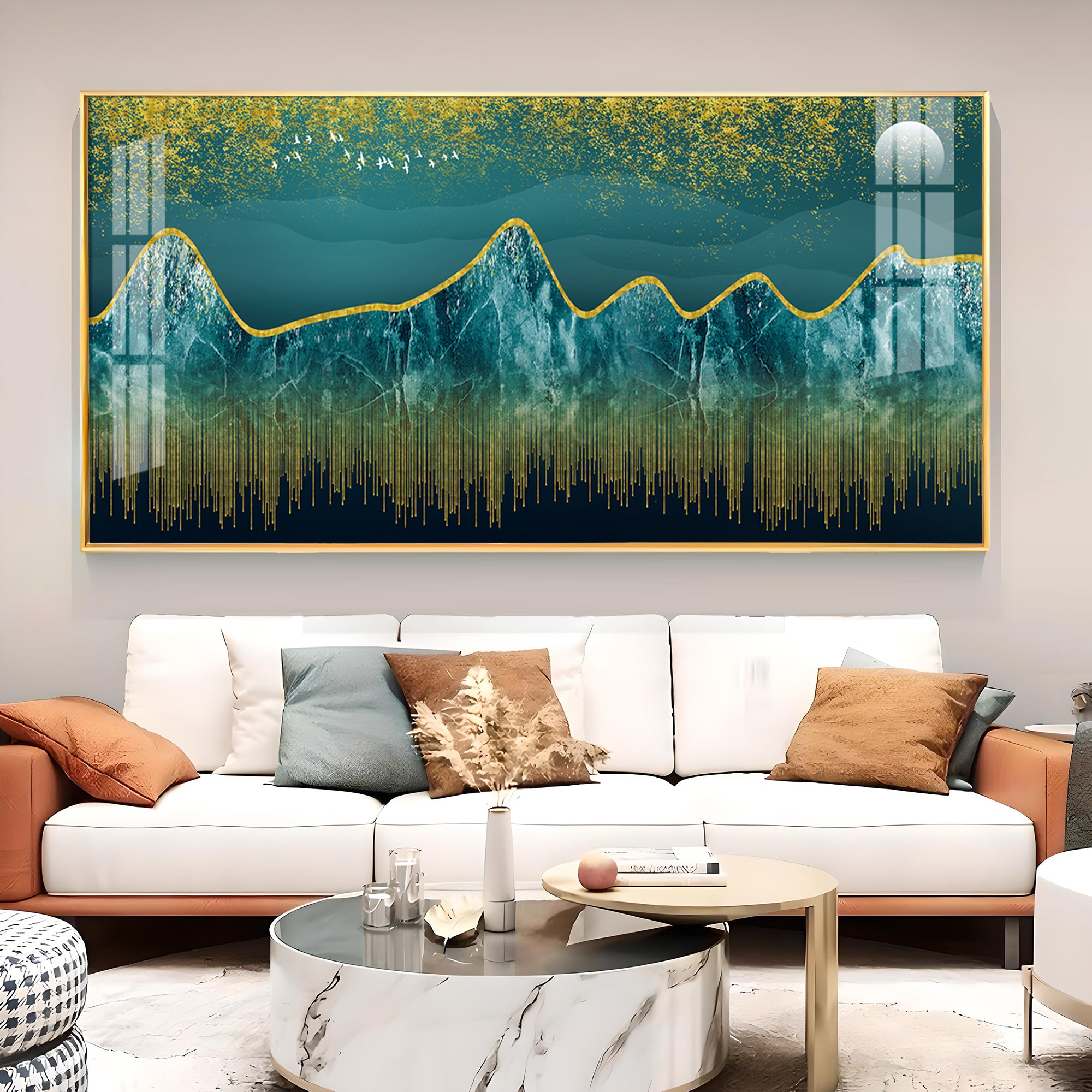 Dark Turquoise Mountains Glass Finish Horizontal Wall Art