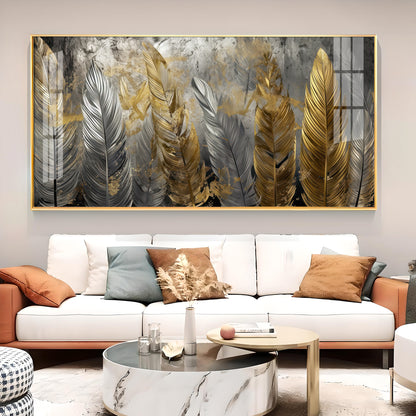 Golden And Silver Feather Glass Finish Horizontal Wall Art