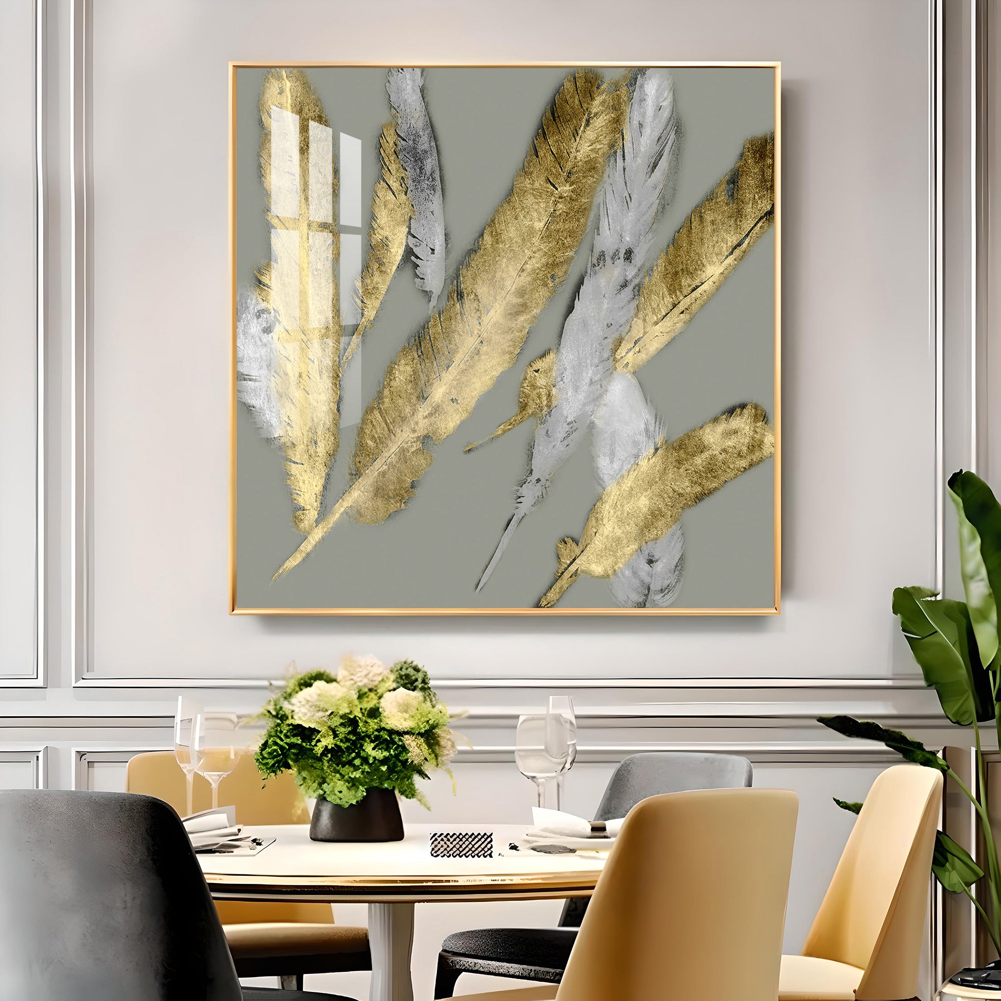 Feathered Elegance Glass Finish Square Wall Art