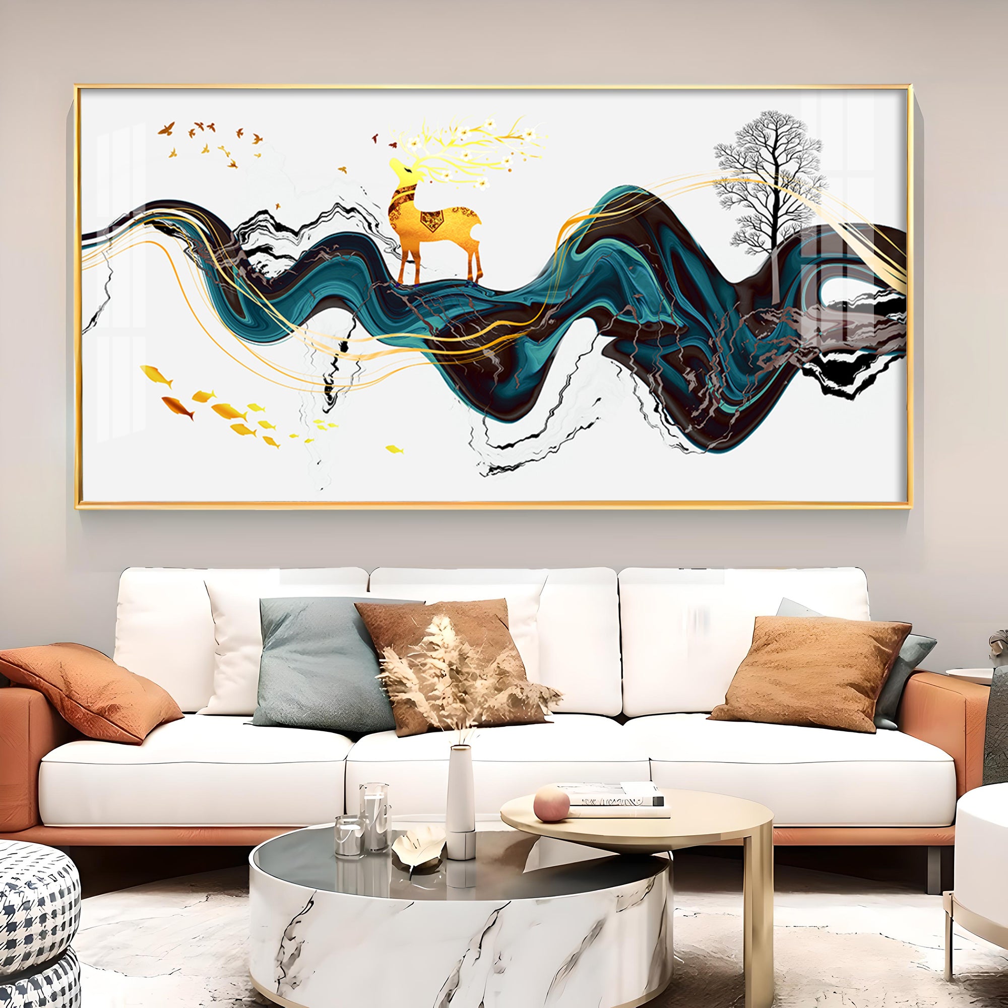 Golden Deer With Multi Color Floating Glass Finish Horizontal Wall Art