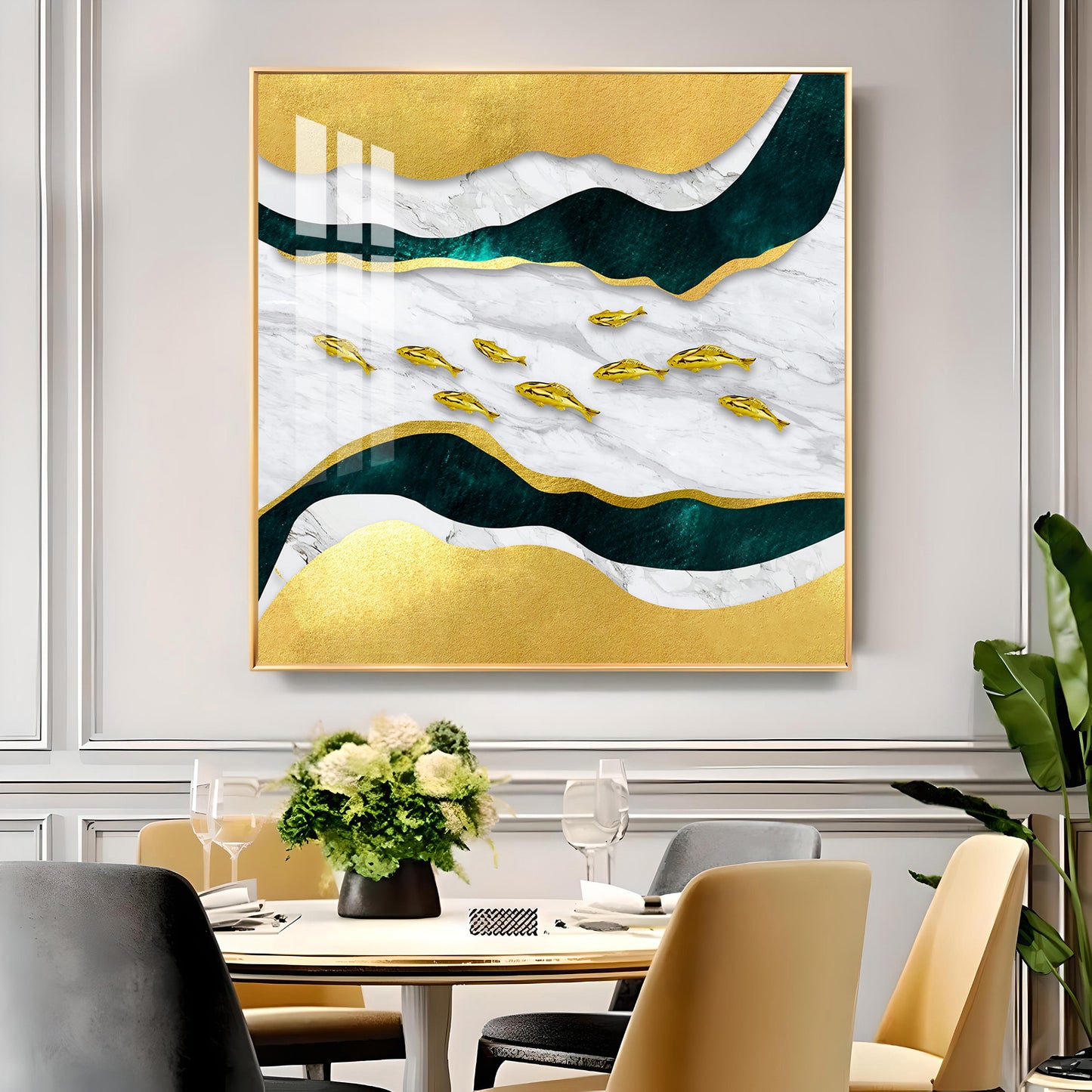 Golden Abstraction Of Fishes Glass Finish Square Wall Art