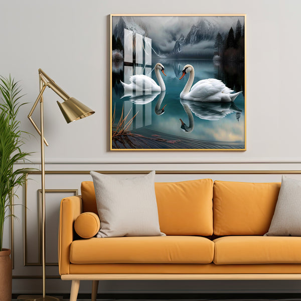 Graceful Swans in Water Glass Finish Square Wall Art