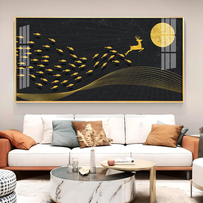 Fish Deer And Moon Glass Finish Horizontal Wall Art