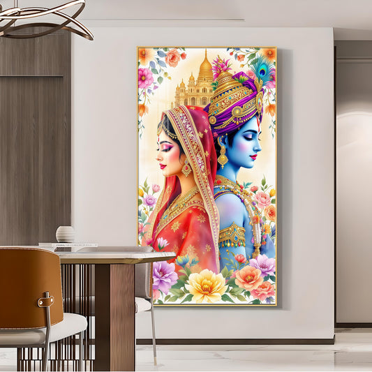 Loving Shri Radha Krishna Glass Finish Vertical Wall Art