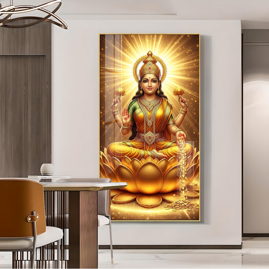 Maa Laxmi On Lotus Glass Finish Vertical Wall Art