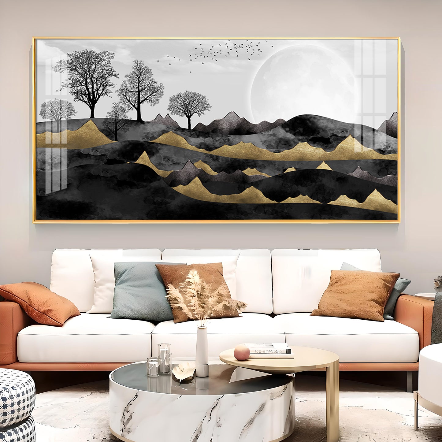 White Sun With Birds Glass Finish Horizontal Wall Art