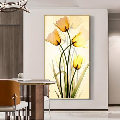 Radiant Yellow Tulips Glass Finish Vertical Wall Art