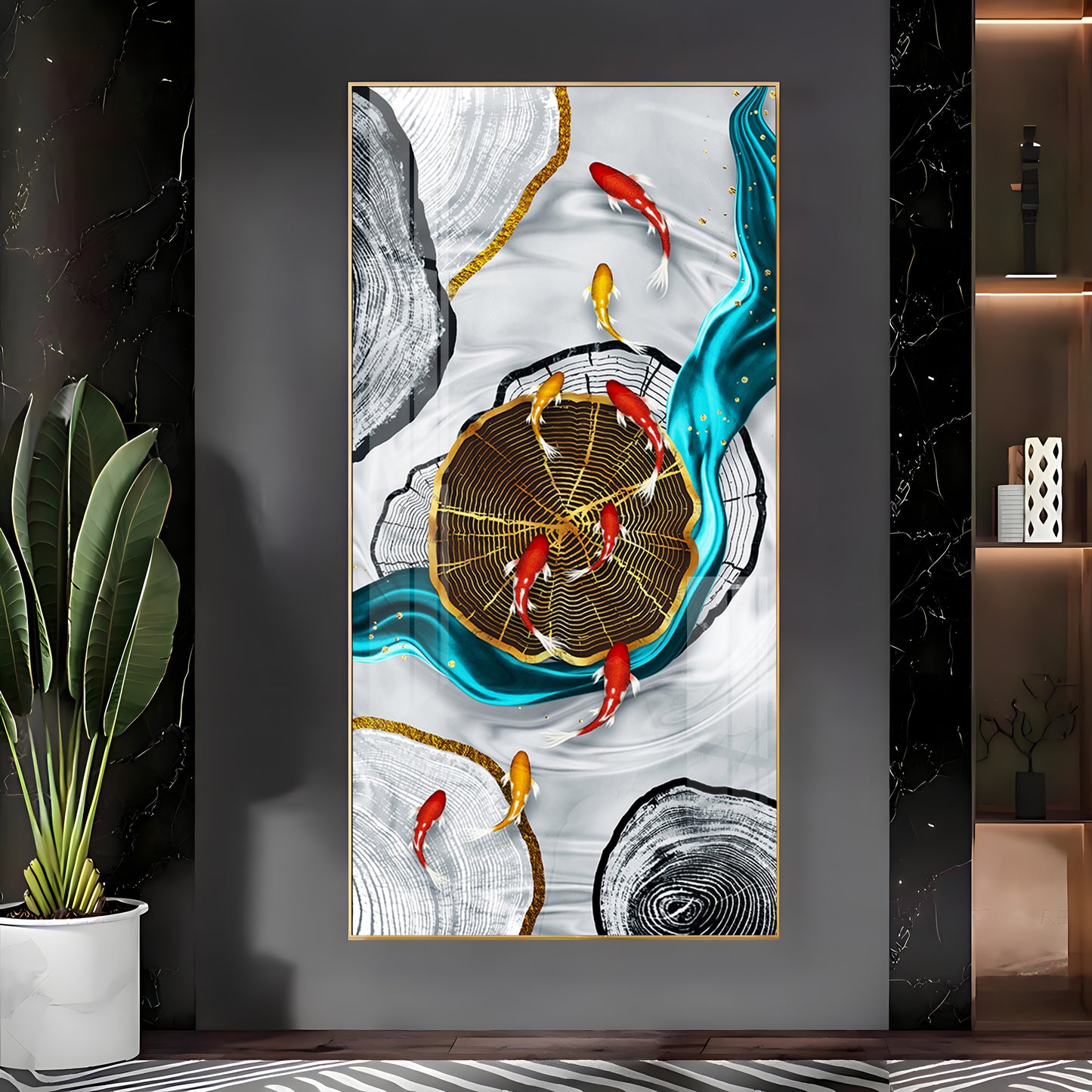 Tranquil Fish Pond Glass Finish Vertical Wall Art