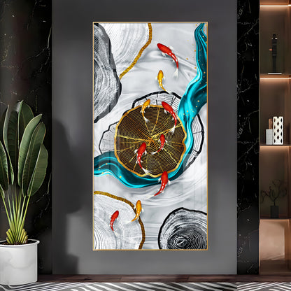 Tranquil Fish Pond Glass Finish Vertical Wall Art