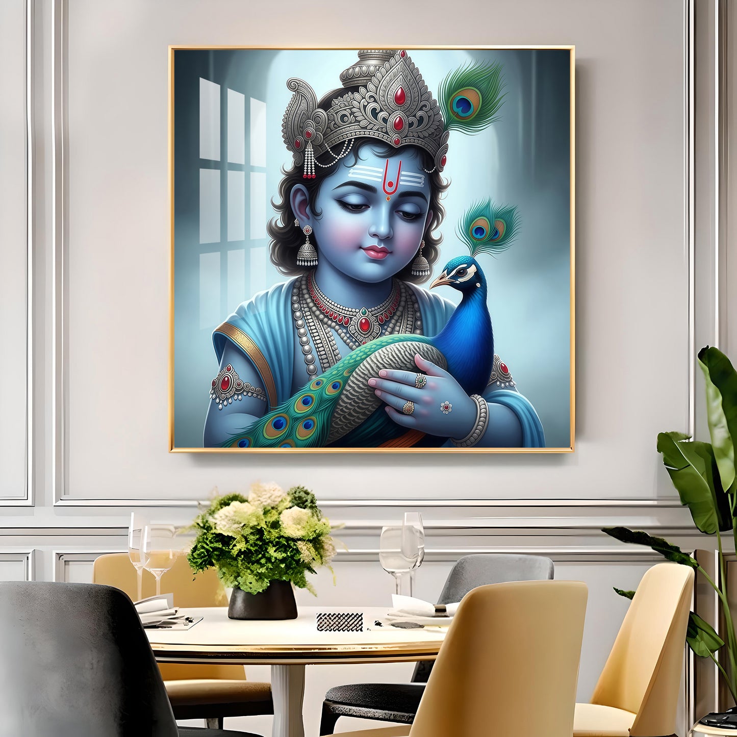 Baby Krishna With Peacock Glass Finish Square Wall Art