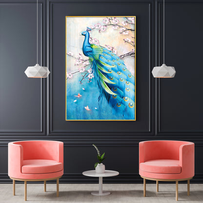 Peacock In Bloom Glass Finish Vertical Wall Art