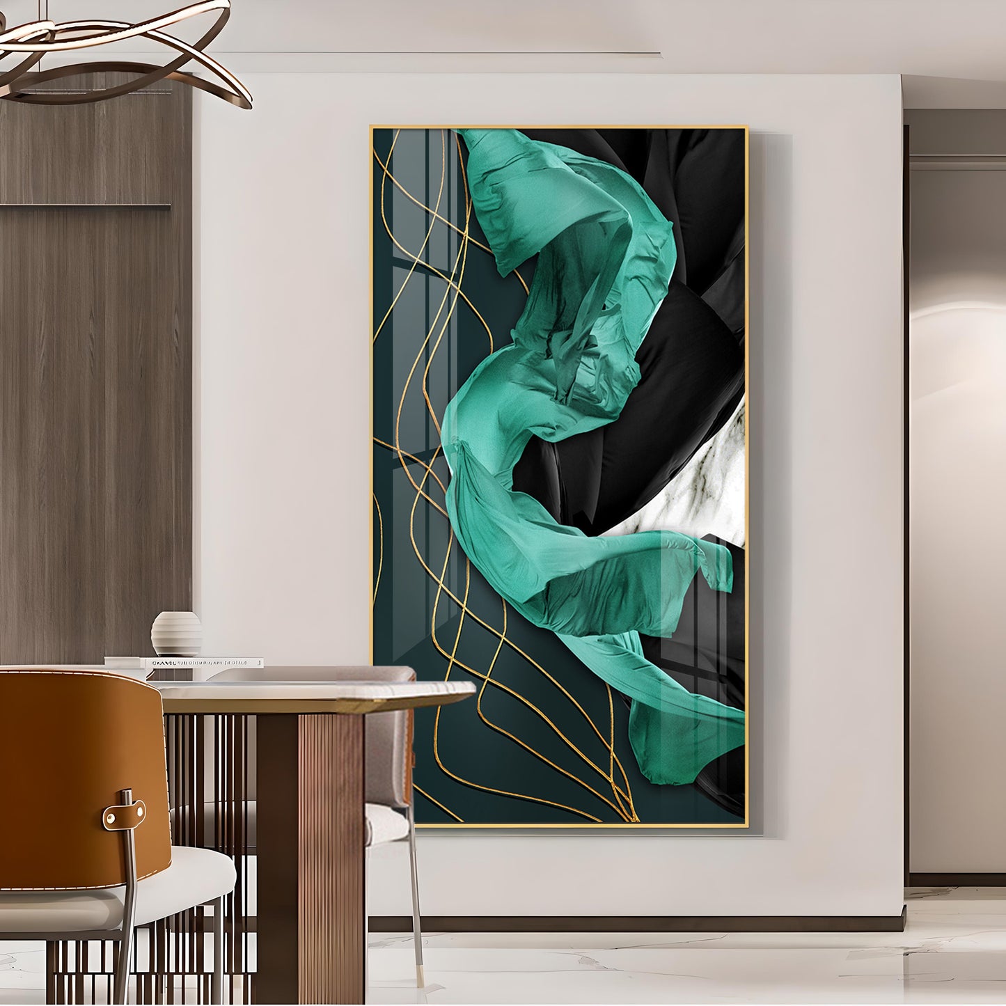 Emerald Elegance Glass Finish Vertical Wall Art