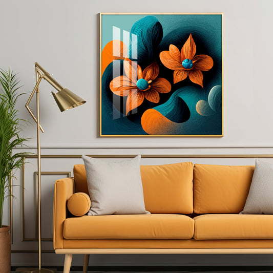 Orange and Blue Blossom Fusion Glass Finish Square Wall Art