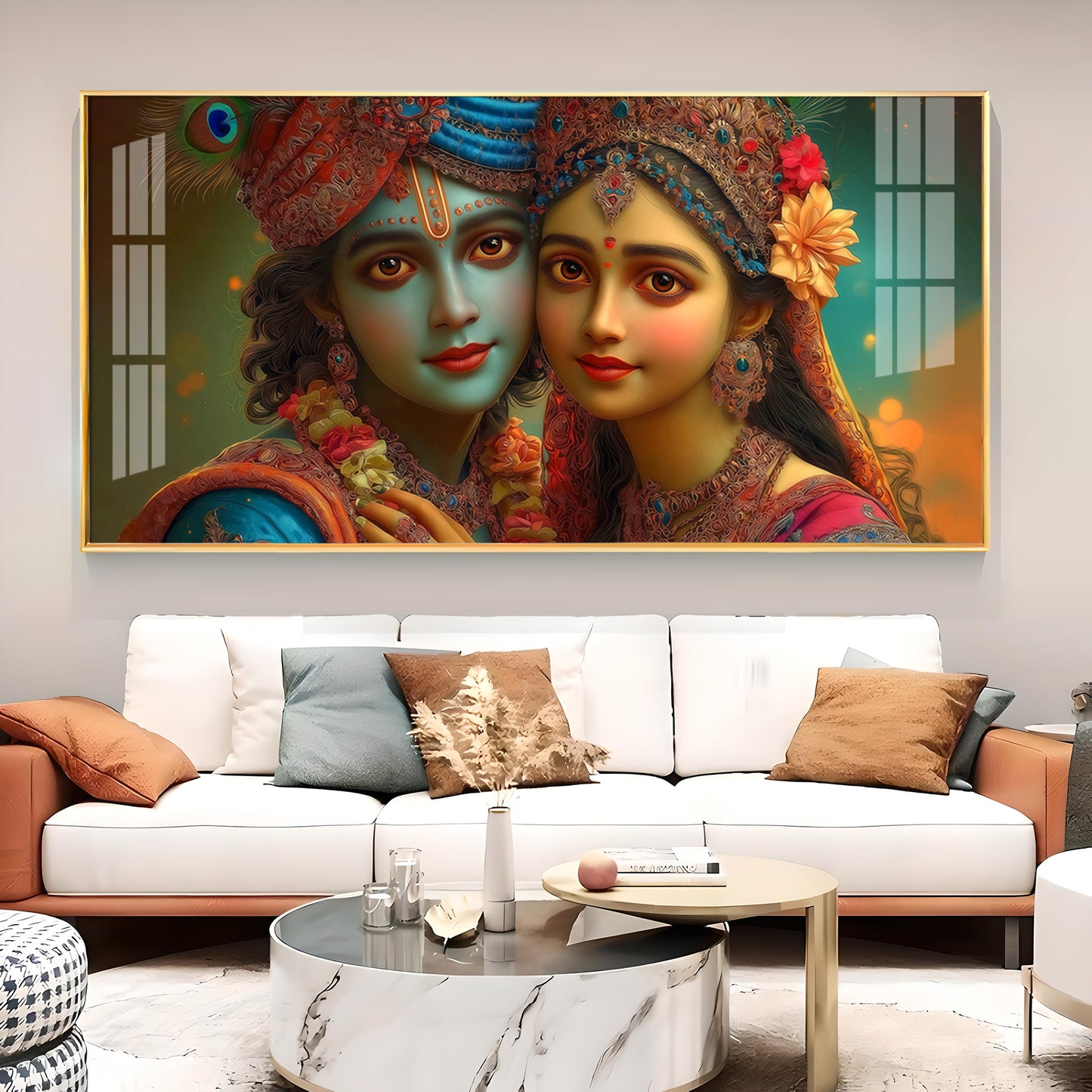 Lord Shri Radha And Krishna Loving Glass Finish Horizontal Wall Art