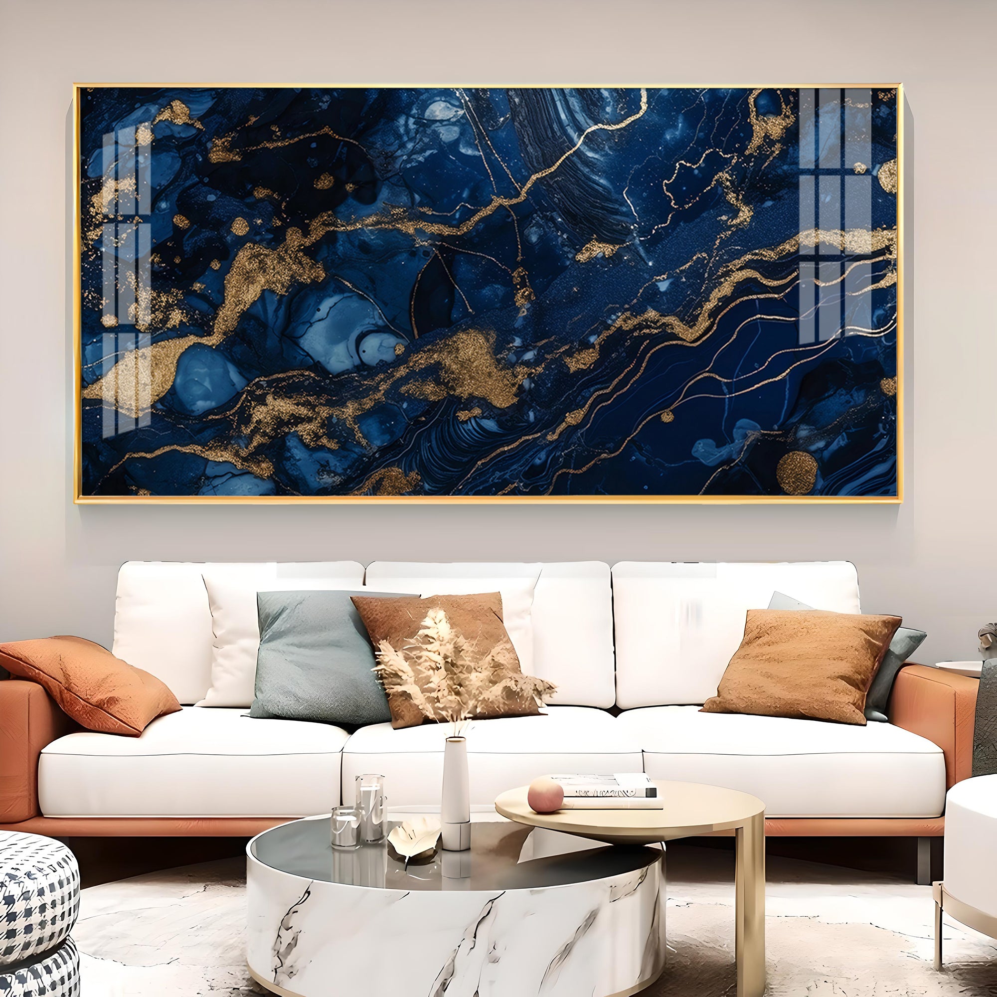 Golden Wavy Lines Glass Finish Horizontal Wall Art