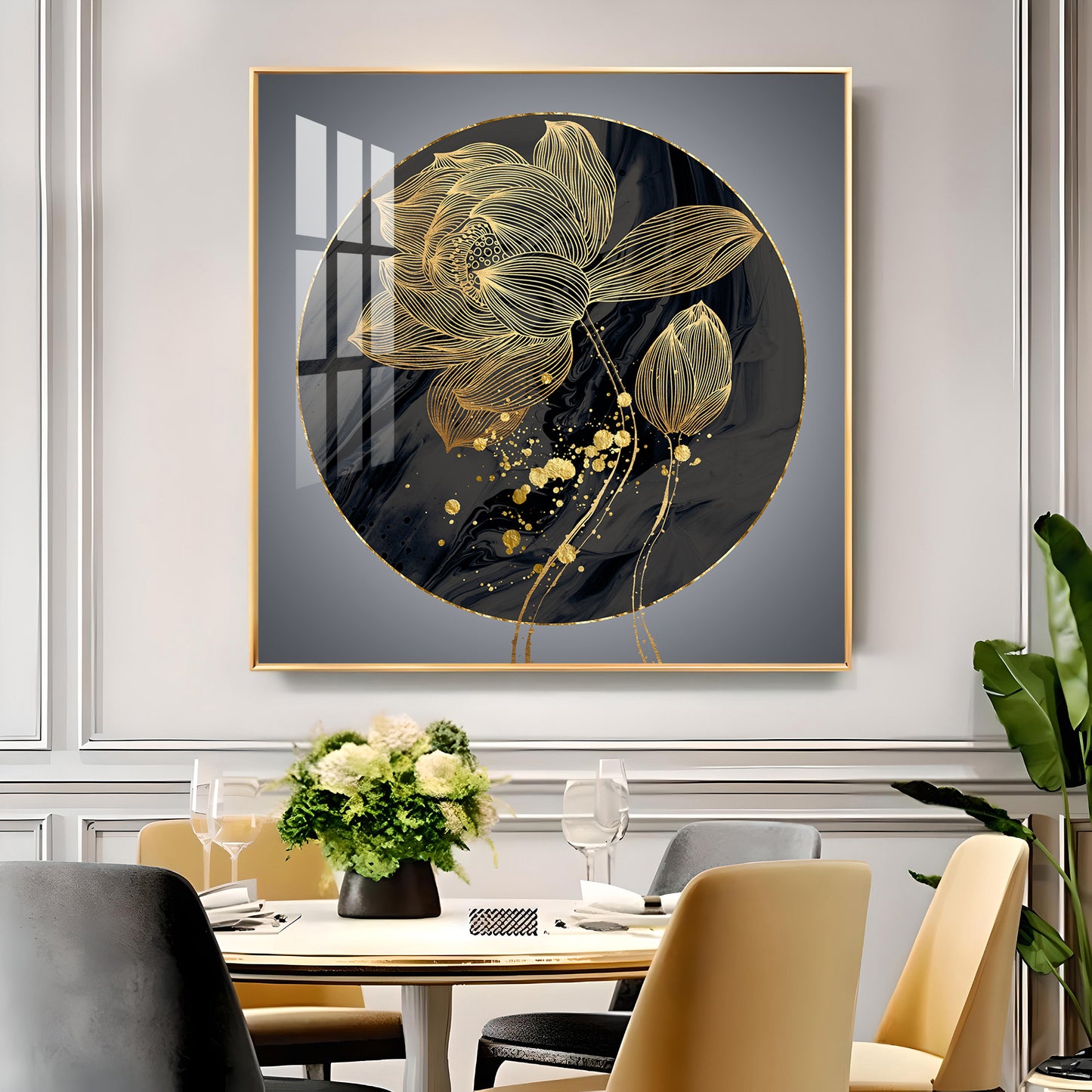 Golden Petal Grandeur Glass Finish Square Wall Art