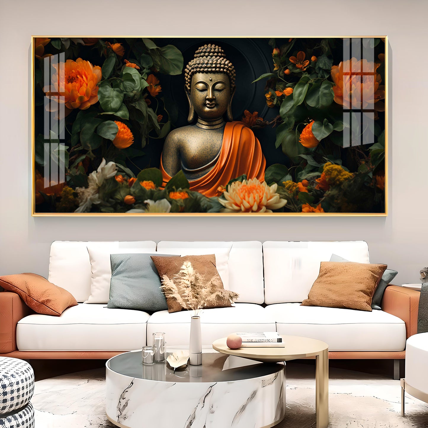 Luminous Buddha With Flower Glass Finish Horizontal Wall Art