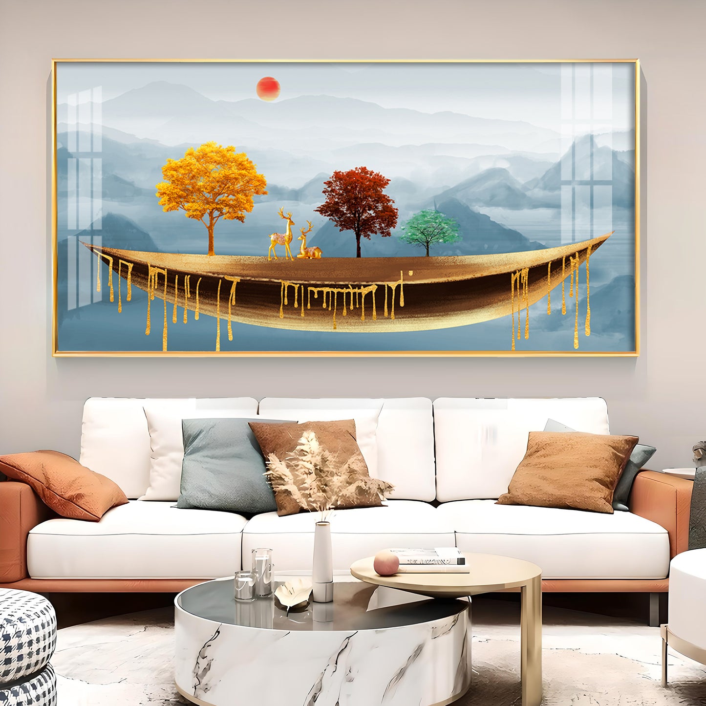 Golden Abstract Landscape Art Colored Line Tree Glass Finish Horizontal Wall Art