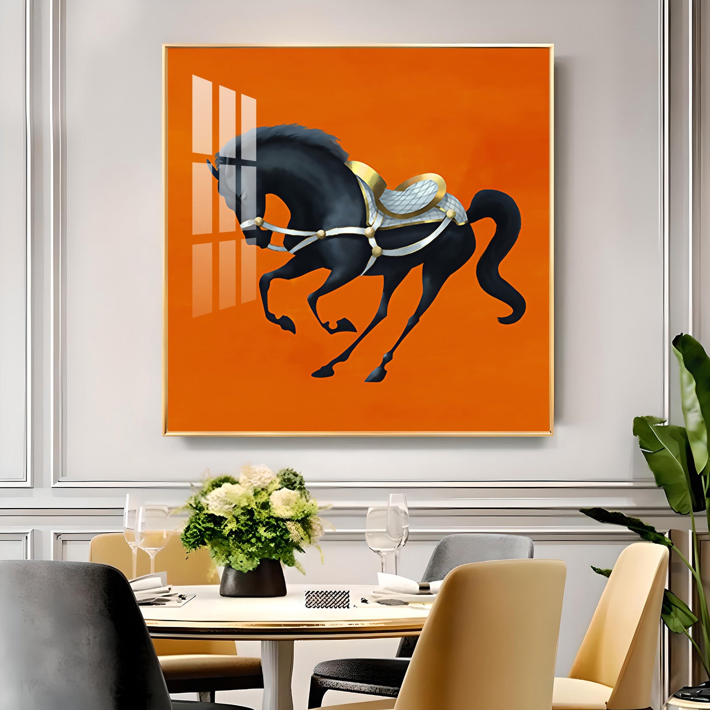 Jumping Horse In Orange Horizon Glass Finish Square Wall Art