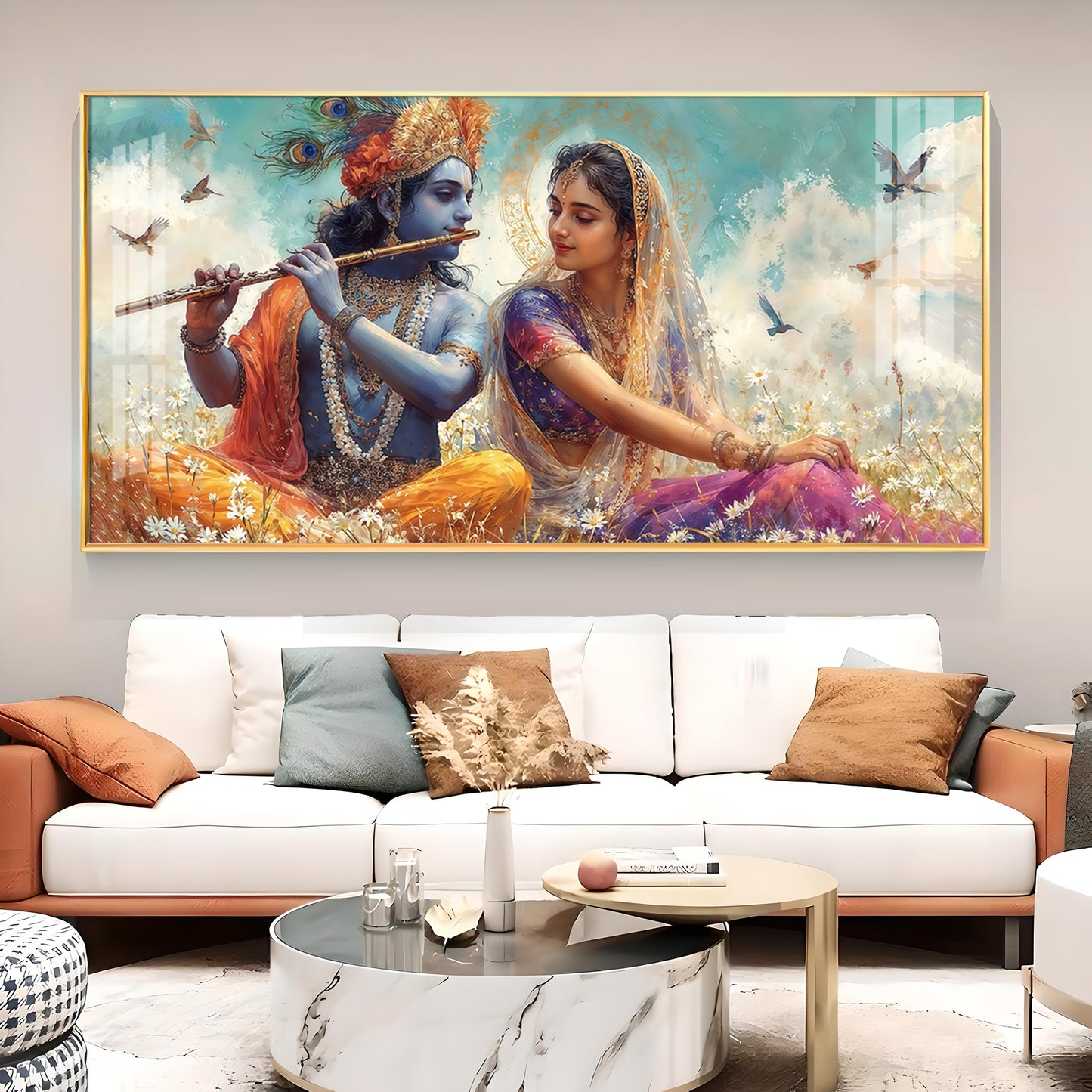 Radhe Krishna Loving Glass Finish Horizontal Wall Art
