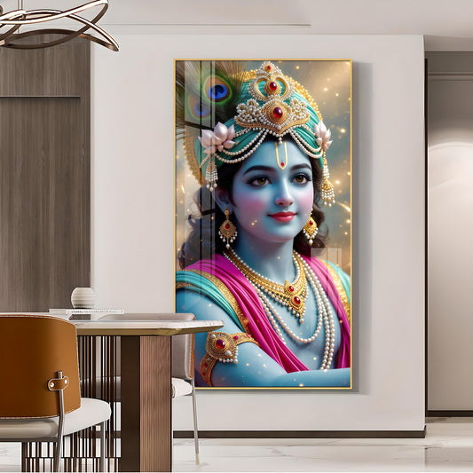 Lord Jai Shri Krishna Glass Finish Vertical Wall Art